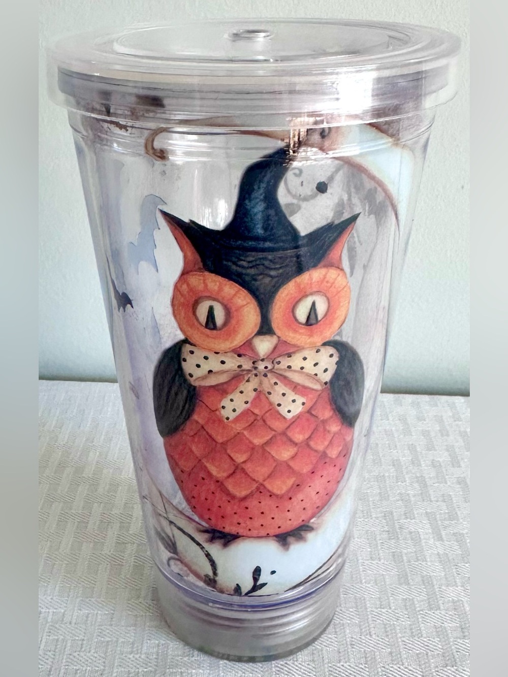 Boston Warehouse Fall Halloween Owl Tumbler Cup Clear Lid Moon Bats 7.25”